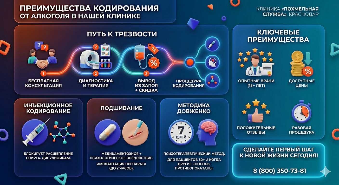 Инфографика о методах кодирования от алкоголя в Луховицах: инъекции, подшивание, метод Довженко. Преимущества клиники и этапы лечения.